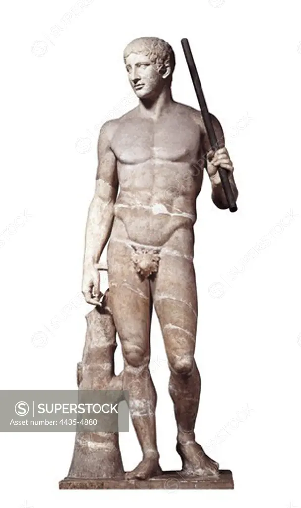 POLYCLITUS 5th c. BC). Doryphoros. 440 - 430 BC. Roman copy. Classical Greek art. Sculpture on marble.