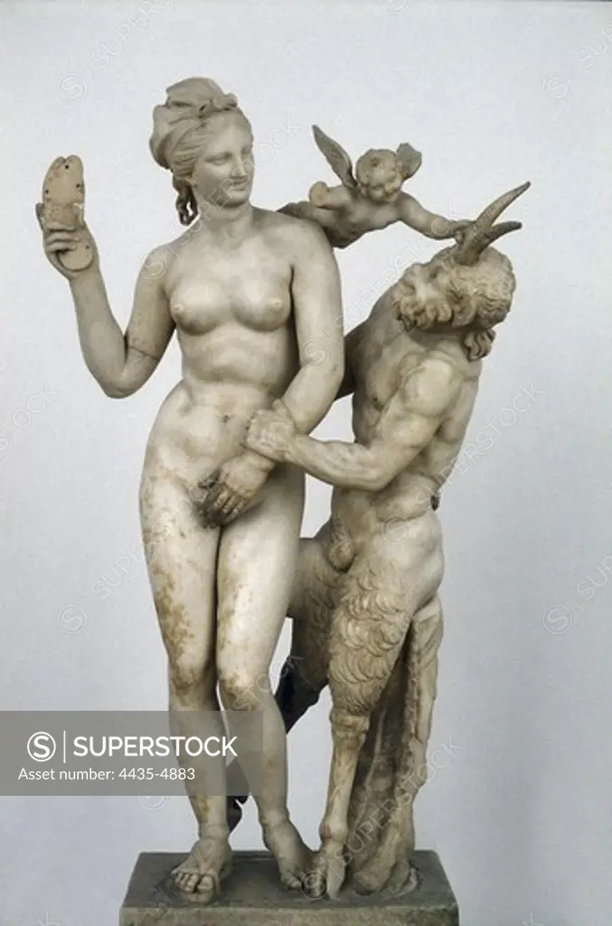 Group of Aphrodite and Pan. ca.  100 BC. Hellenistic art. Sculpture on marble. GREECE. ATTICA. Athens. National Museum of Archaeology. Proc: GREECE. SOUTHERN AEGEAN. CYCLADES. Delos.