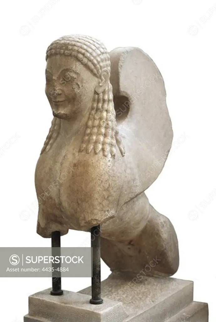 Sphinx. 560 -550 BC. Archaic Greek art. Sculpture on marble. GREECE. ATTICA. Athens. Acropolis. Acropolis Museum.