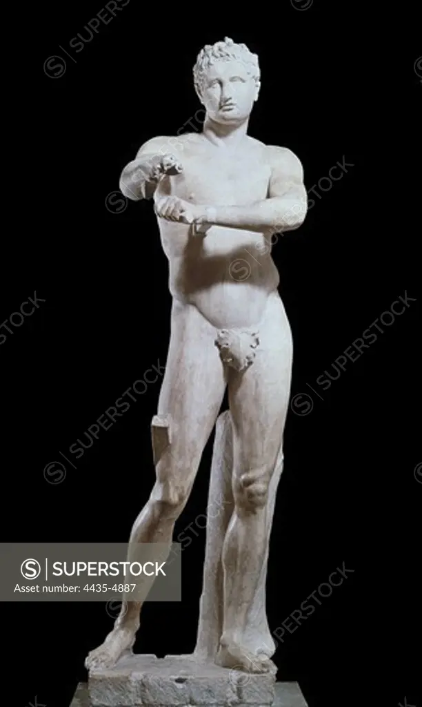 LYSIPPUS (c. 370-318 BC). Apoxyomenos. 4th c. BC. Late Roman copy. Classical Greek art. Sculpture on marble. VATICAN CITY. Pius-Clementine Museum (Vatican Museums).