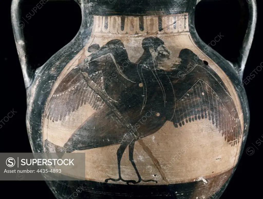 Black-figure amphora. 5th c. BC. Depiction of a harpy. Classical Greek art. Ceramics.