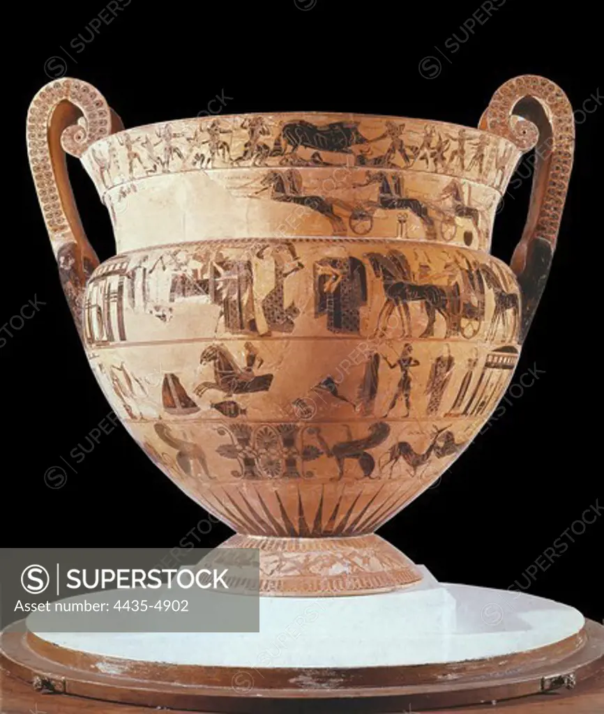 Franois Vase. 570 BC. Black-figure attic volute krater, executed by the potter Ergotimos and the painter Kleitias. Archaic Greek art. Ceramics. ITALY. TUSCANY. Florence. National Museum of Archaeology. Proc: ITALY. TUSCANY. SIENA. Chiusi.