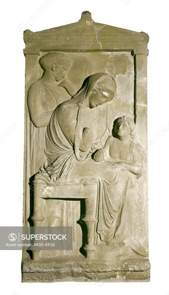 Grave Stele of Polyxene. ca.  360 BC. Classical Greek art. Relief on marble. GREECE. ATTICA. Athens. National Museum of Archaeology. Proc: GREECE. ATTICA. Athens. Kerameikos.