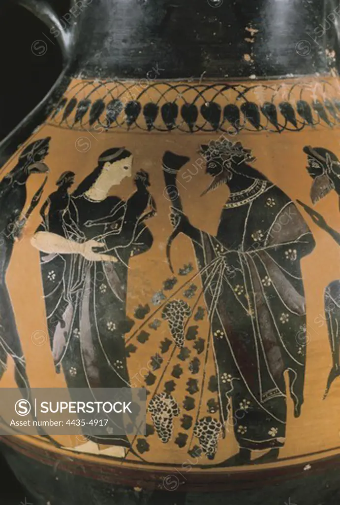Black-figure vase. Detail with Dyonisus and Leto with Apollo and Artemis in her arms between satyrs. Classical Greek art. Ceramics. ITALY. LAZIO. VITERBO. Tarquinia. Museo Archeologico Nazionale di Tarquinia (National Museum of Tarquinia).