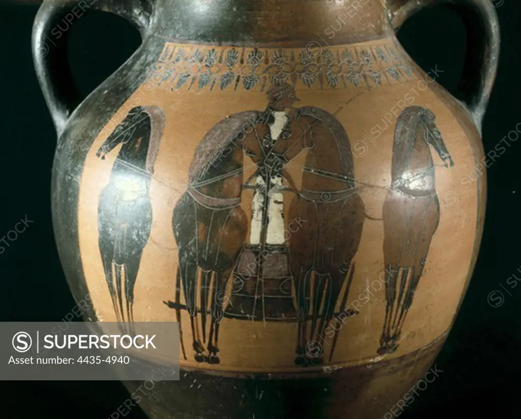 Four-in-hand. 5th c. BC. Black-figure amphora. Archaic Greek art. Ceramics. ITALY. LAZIO. VITERBO. Tarquinia. Museo Archeologico Nazionale di Tarquinia (National Museum of Tarquinia).