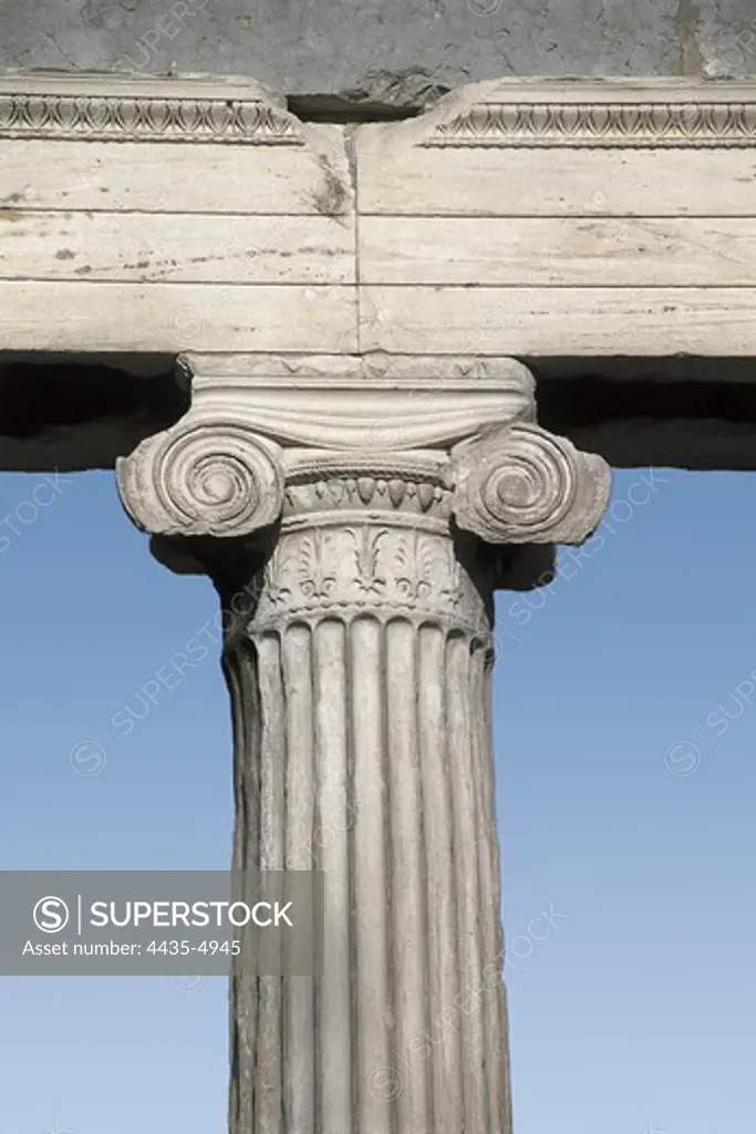 Erechtheion. 421 -414 BC. GREECE. Athens. Acropolis. Erechtheum or Erecththeion. Ionic capital. Classical Greek art. Architecture.