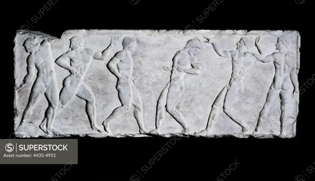 Base of a funerary kouros with six athletes. 510 -500 BC. Archaic Greek art. Relief on marble. GREECE. ATTICA. Athens. National Museum of Archaeology. Proc: GREECE. ATTICA. Athens. Acropolis.