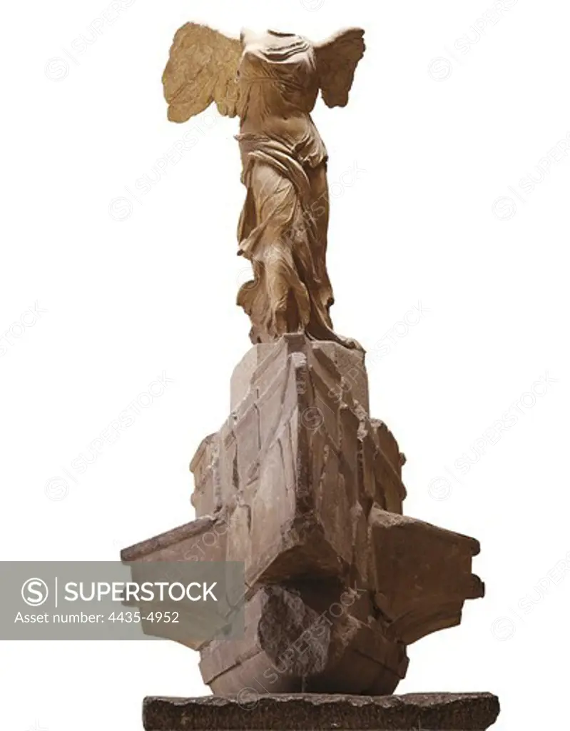 Wingel Victory of Samothrace or Nike of Samothrace. 220s - 189 BC. Statue of Nike, the goddess of Victory, normally respresented with open wings. It was found in the isle of Samothrace in 1863. Hellenistic art. Sculpture on marble. FRANCE. ëLE-DE-FRANCE. Paris. Louvre Museum.