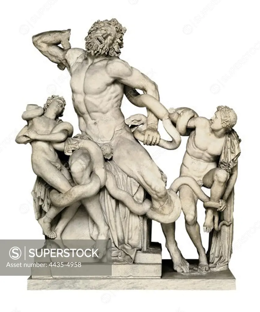Laocoon with his sons. 1st c. BC. Marble reproduction, work by the sculptors Hegesandros, Athenedoros, and Polydoros, of a bronze group from the 3rd c. BC. Hellenistic art. Sculpture on marble. VATICAN CITY. Vatican Museums.
