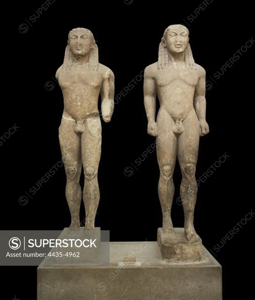 Kleobis and Biton Kouros. ca. 610 -590 BC. Depiction of two athletes. Archaic Greek art. Sculpture. GREECE. CENTRAL GREECE. PHOCIS. Delphi. Delphi Museum.
