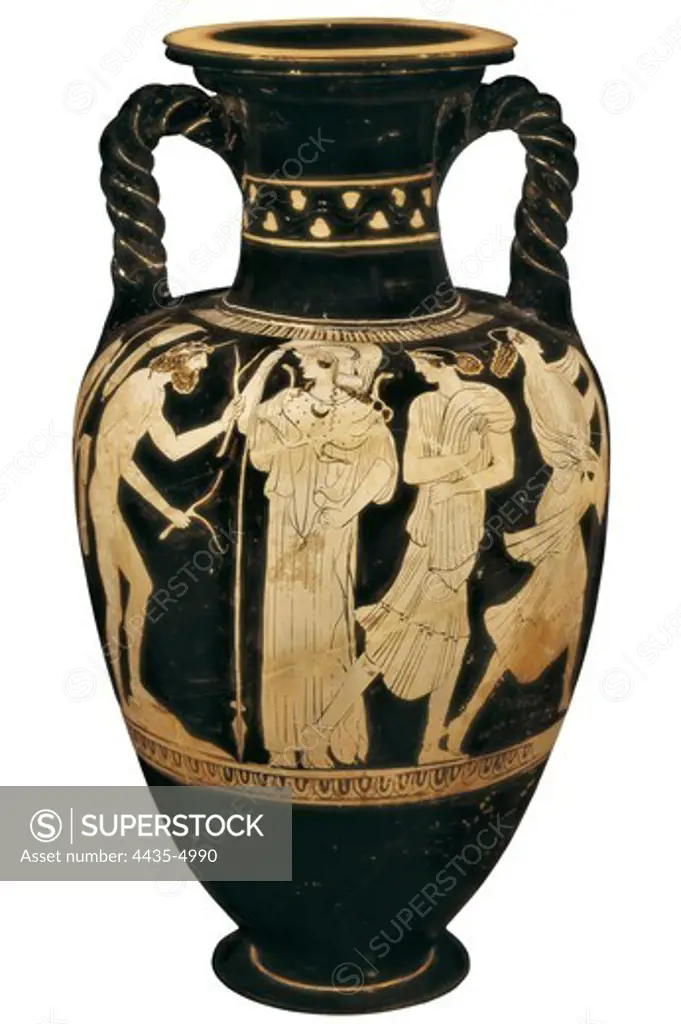 Amphora depicting Ulysses, Athena and princess Nausicaa. 5th c. BC. Greek art. Ceramics. GERMANY. BAVARIA. Munich. Municipal Museum.