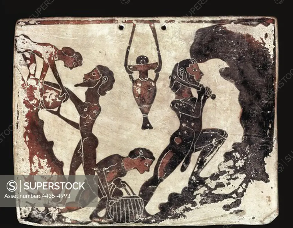 Mining Scene. 580 -570 a.C. Black-figure ceramics. Archaic Greek art. Ceramics. GERMANY. BERLIN. Berlin. Staatliche Museen (State Museums).
