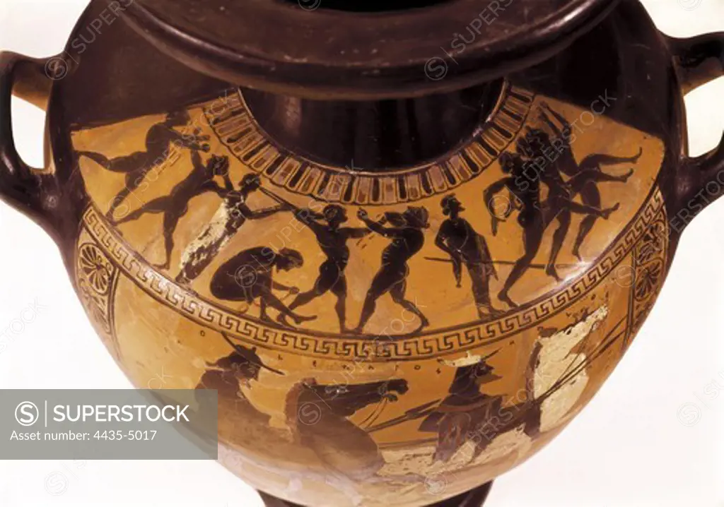 Palestra Scene. Black-figure hydria. Classical Greek art. Ceramics. VATICAN CITY. Vatican Museums.