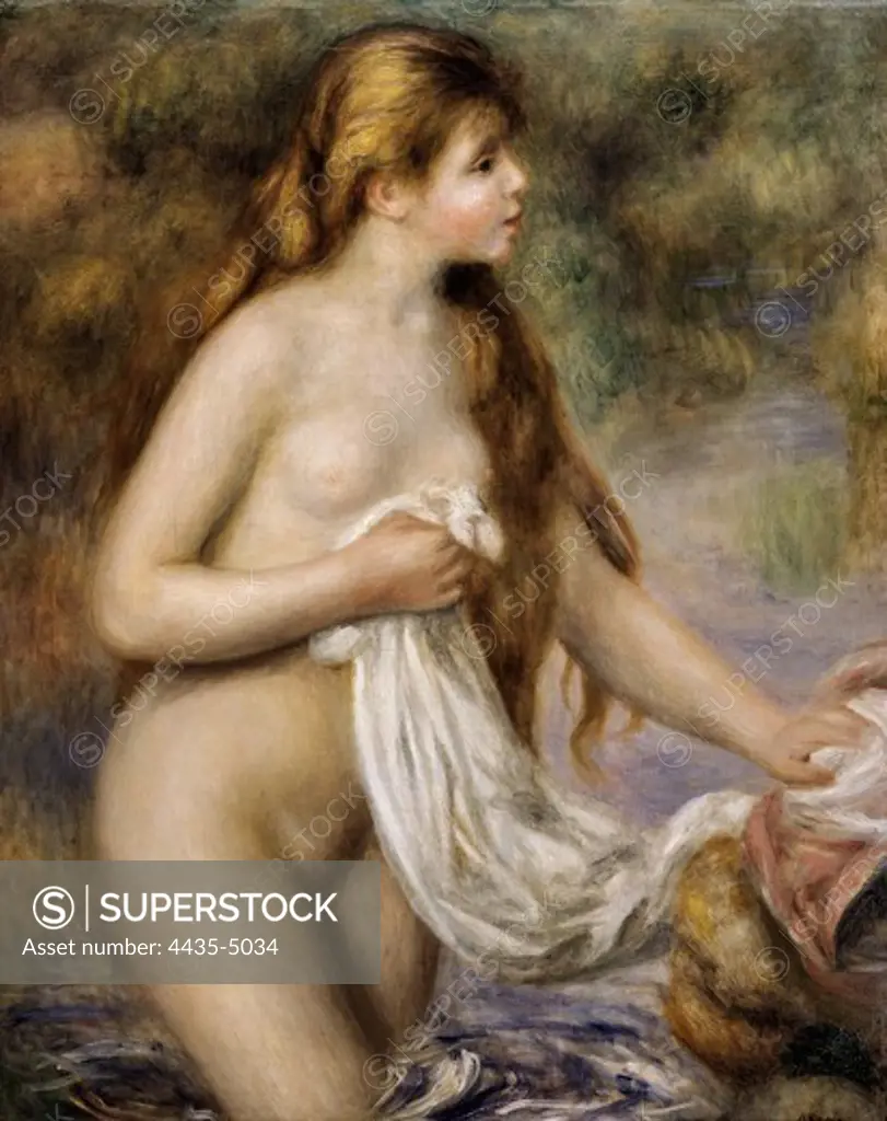 RENOIR, Pierre-Auguste (1841-1919). Bather with long hair. ca. 1895. Impressionism. Oil on canvas. FRANCE. ëLE-DE-FRANCE. Paris. Orangerie Museum.