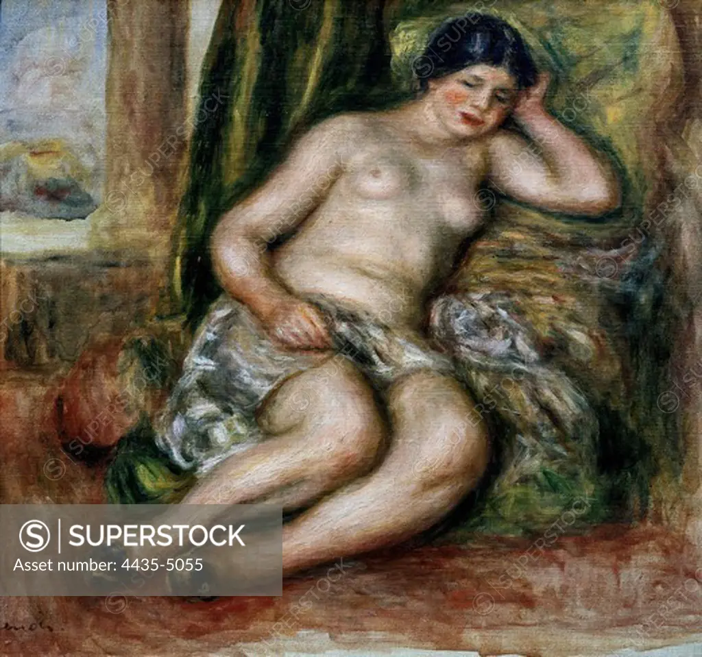 RENOIR, Pierre-Auguste (1841-1919). Sleeping Odalisque, or Odalisque in Turkish Slippers. 1915-1917. Impressionism. Oil on canvas. FRANCE. ëLE-DE-FRANCE. Paris. MusŽe d'Orsay (Orsay Museum).