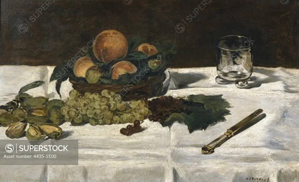MANET, ƒdouard (1832-1883). Still Life: Fruit on a Table. 1864. Impressionism. Oil on canvas. FRANCE. ëLE-DE-FRANCE. Paris. MusŽe d'Orsay (Orsay Museum).