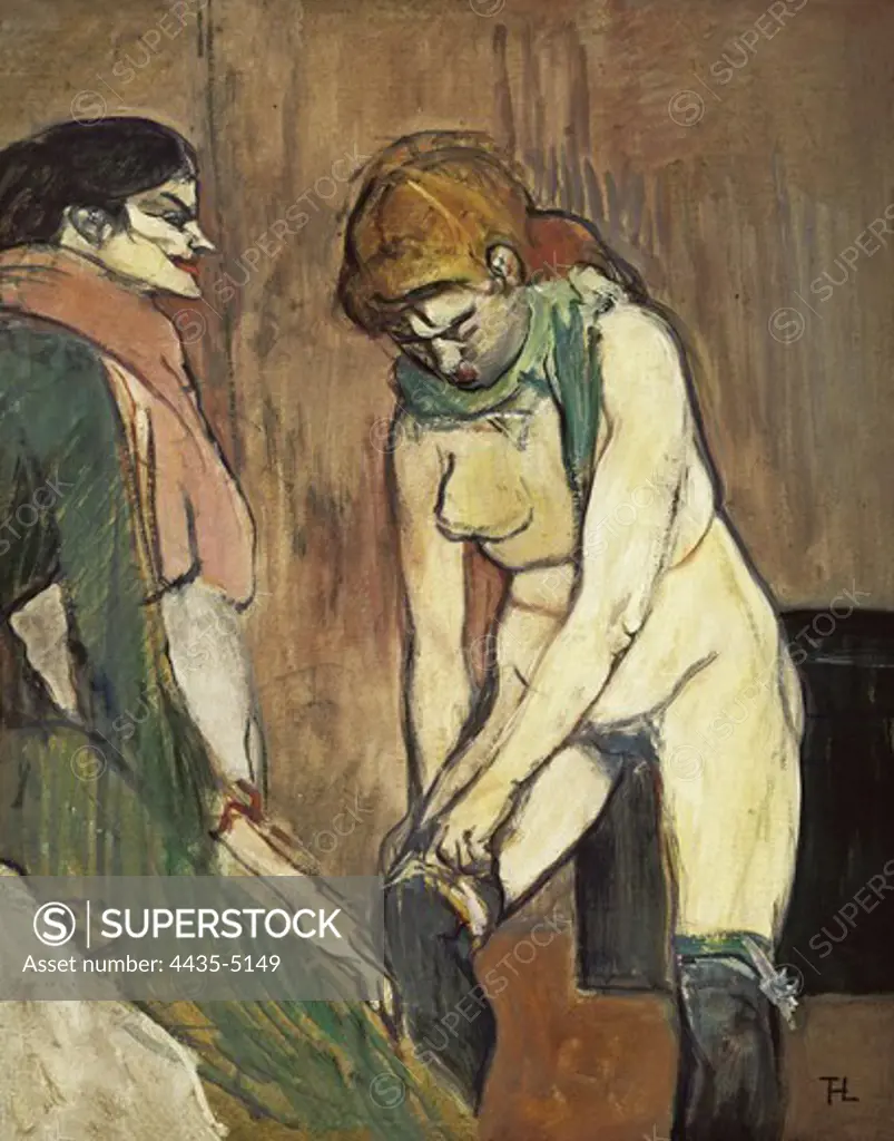 TOULOUSE-LAUTREC, Henri de (1864-1901). Woman Putting on her Stocking, or Woman of the House. 1894. Post-Impressionism. Oil on canvas. FRANCE. ëLE-DE-FRANCE. Paris. MusŽe d'Orsay (Orsay Museum).