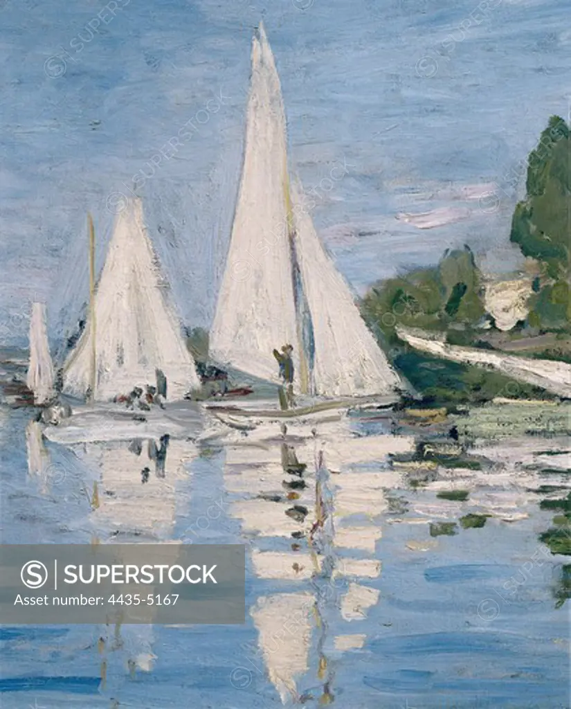 MONET, Claude (1840-1926). Regatta at Argenteuil. 1872. Left detail. Sailing boats. Impressionism. Oil on canvas. FRANCE. ëLE-DE-FRANCE. Paris. MusŽe d'Orsay (Orsay Museum).