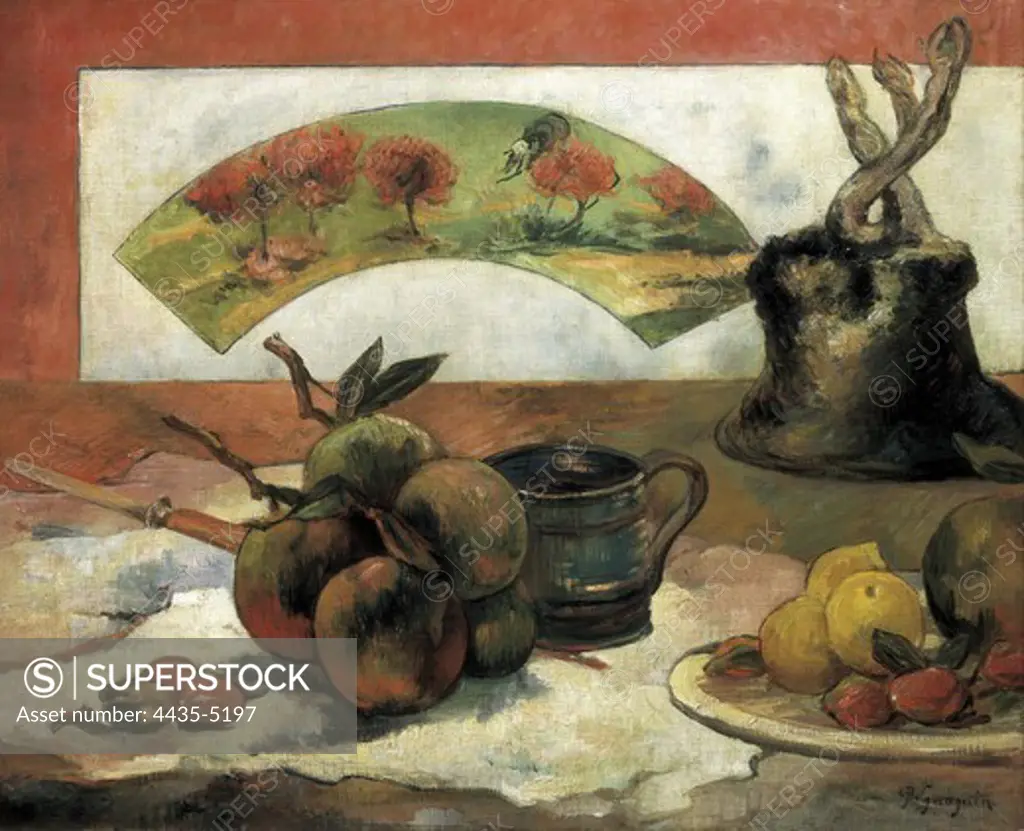 GAUGUIN, Paul (1848-1903). Still Life with a Fan. 1889. Symbolism. Pont-Aven school. Oil on canvas. FRANCE. ëLE-DE-FRANCE. Paris. MusŽe d'Orsay (Orsay Museum).