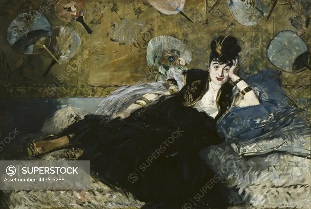 MANET, ƒdouard (1832-1883). The Lady with Fans, Portrait of Nina de Callias. 1873. Nina de Callias. Impressionism. Oil on canvas. FRANCE. ëLE-DE-FRANCE. Paris. MusŽe d'Orsay (Orsay Museum).