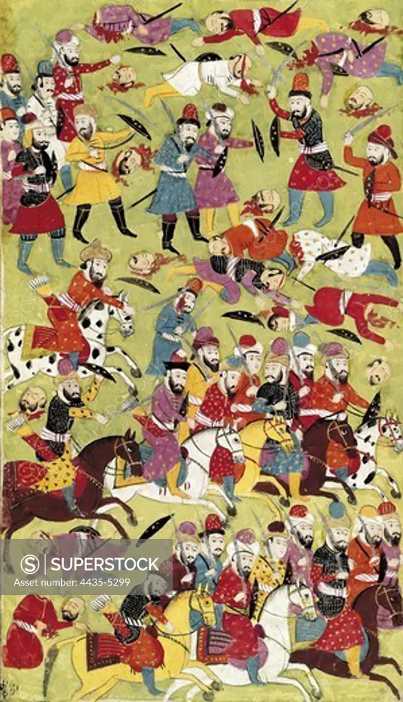 History of Muhammad and the First Four 'Rightly Guided' Caliphs. Battle between Ali and his adversaries. Persian art. Miniature Painting. FRANCE. ëLE-DE-FRANCE. Paris. National Library.