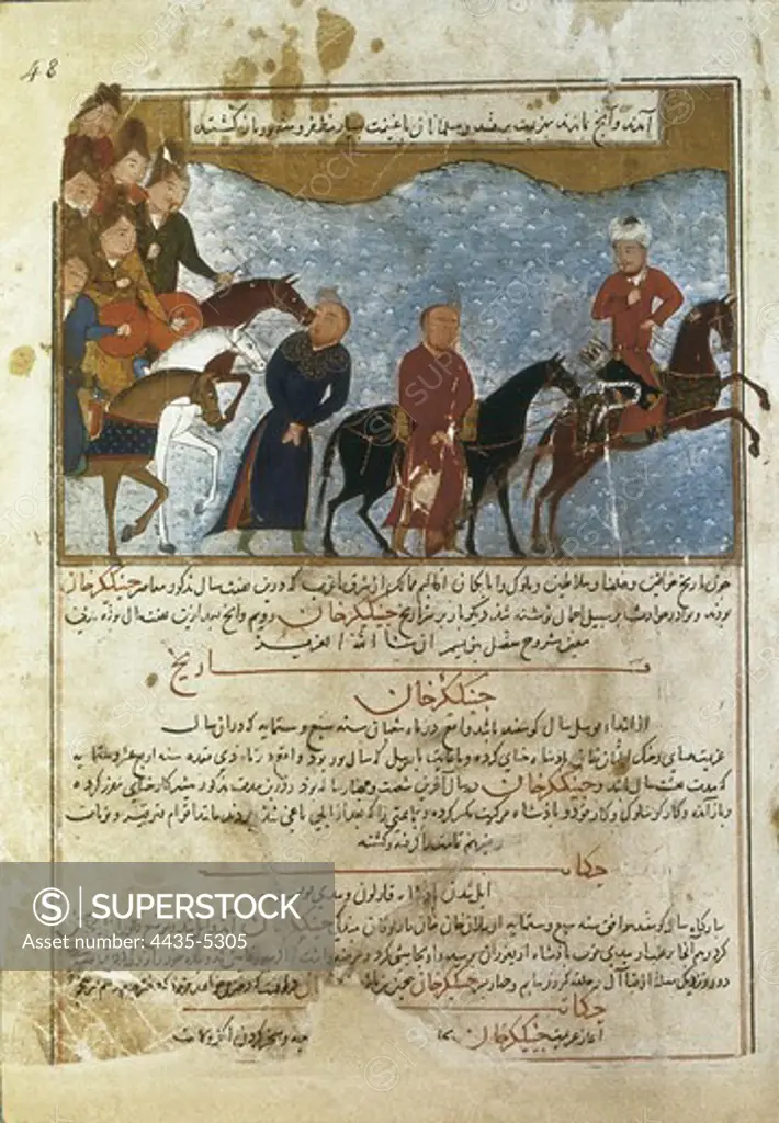 RASHID AL-DIN (1247 - 1318). Compendium of Chronicles (Jami' al-tawarikh). ca. 1307. FOl. 48. Mongols taking prisoners. Illustration of the first section with the history of the Mongols. Edited 1430 ca. Persian art. Miniature Painting. FRANCE. ëLE-DE-FRANCE. Paris. National Library.