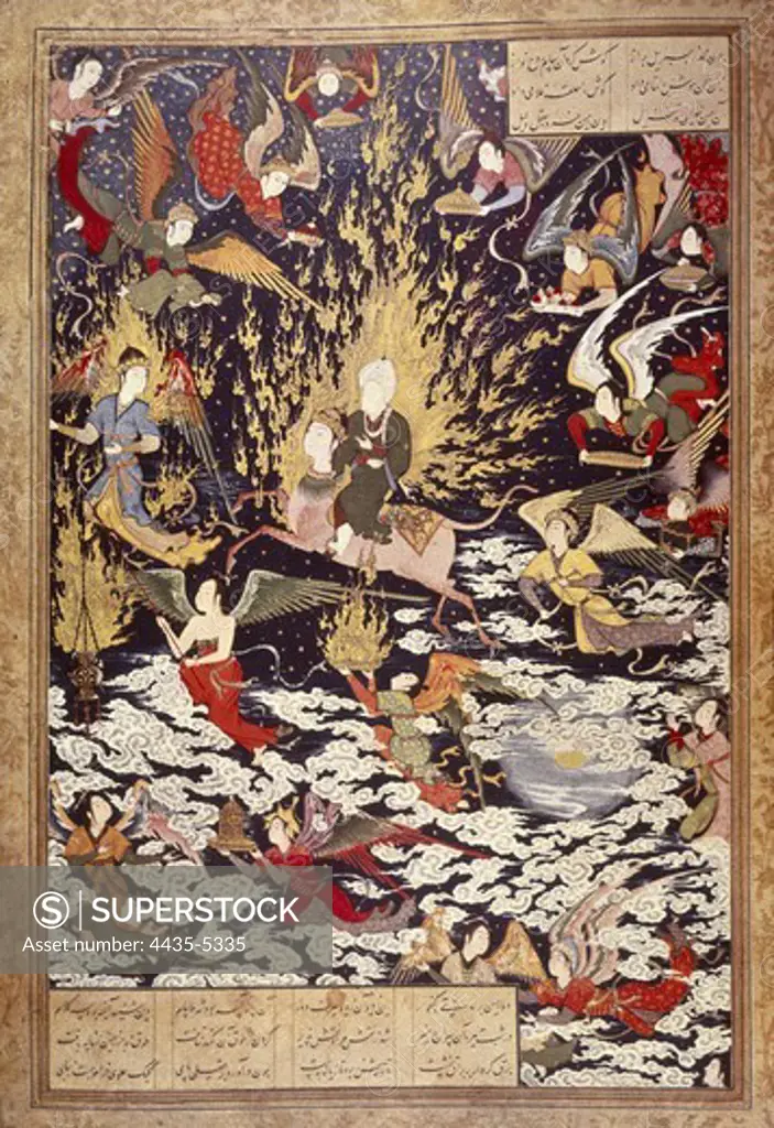 Ascension of prophet Muhammad with the archangel Gabriel. 16th c. Ascent of the Prophet Mohammad with Archangel Saint Gabriel. Persian art. Safavid period. Miniature Painting. UNITED KINGDOM. ENGLAND. London. The British Museum.
