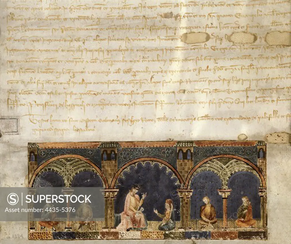 Inheritance documents from Hostalrich. Catalan-Aragonese school- 1374. Manuscript. Medieval civil law. Gothic art. Miniature Painting. SPAIN. CATALONIA. BARCELONA. Vic. Vic Episcopal Museum.