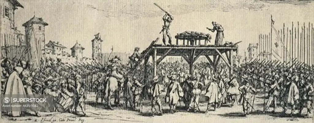 Death penalty. Tied to a cart wheel, the condemned man is being beaten while he confesses his sins. Table 14. Illustration from 'The miseries of war', 1633, series based on the Thirty Years' War. Baroque art. Engraving.