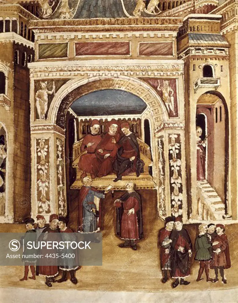 Court of the Great Knight. Illustration from 'Codice dei privielegi' ('Codex of privilege'). 15th century. Mss. H-V5. Gothic art. Miniature Painting. ITALY. LOMBARDY. Brescia. Biblioteca Queriniana (Queriniana library).