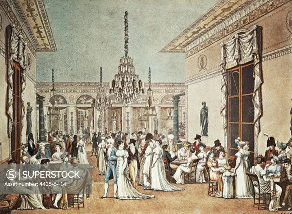CafŽ Frascati in Paris, 1807. Engraving by Philibert-Louis Debucourt. A cafe and games room, it became famous for having ice-cream early in 1789. Engraving.