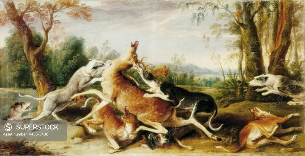 SNYDERS, Frans, pupil of (second half 17th century). The Deer Hunt. 2nd half 16th c.I. Flemish art. Oil on canvas. SPAIN. MADRID (AUTONOMOUS COMMUNITY). Madrid. Prado Museum.