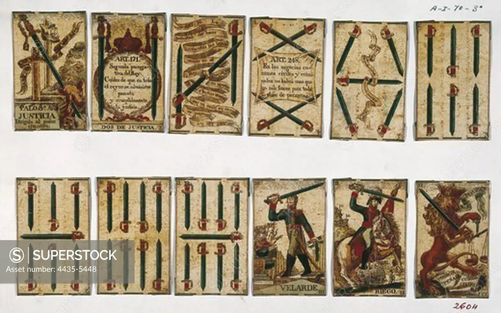 Spanish Civil War of 1820-1823. Pack of cards decorated with liberal and militar drawings: 1812 Constitution articles and portraits of generals Velarde and Riego. SPAIN. MADRID (AUTONOMOUS COMMUNITY). Madrid. Museo de Historia.