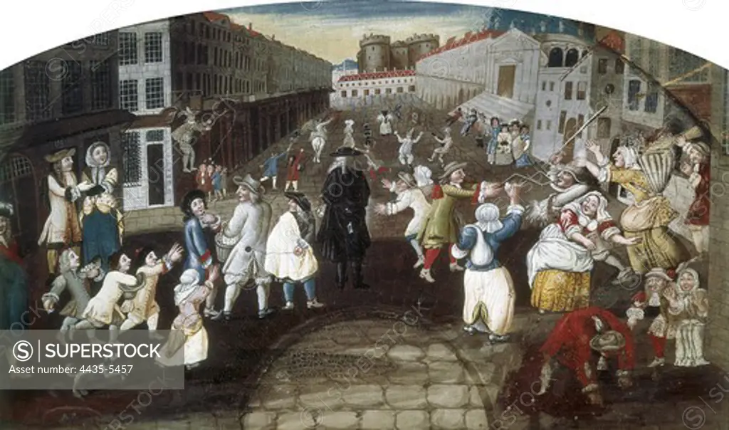Street Performers at the Carnival Populaire, Rue Saint Antoine. ca. 1670. French anonymous. Oil on canvas. FRANCE. ëLE-DE-FRANCE. Paris. MusŽe Carnavalet (Carnavalet Museum).