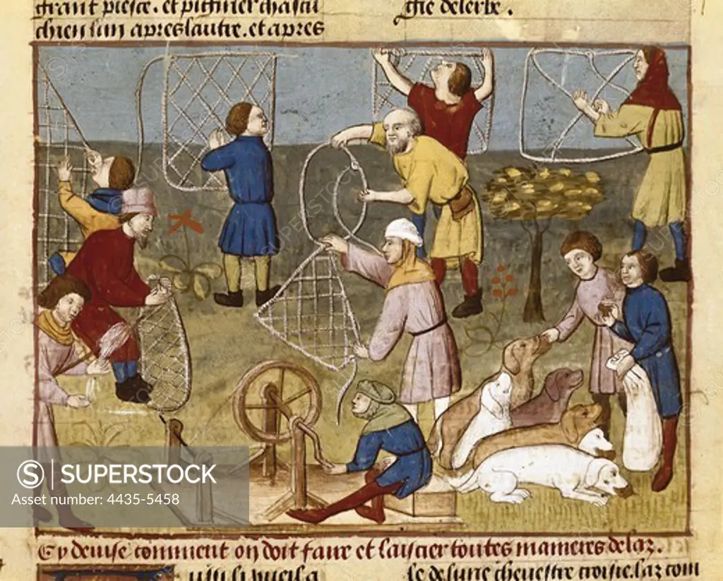 GASTON III de Foix-BŽarn (1331 - 1391). Book of the Hunt (Livre de Chasse). 1387 - 1389. Making traps with ropes. Gothic art. Miniature Painting. FRANCE. PICARDY. OISE. Chantilly. MusŽe CondŽ (CondŽ Museum).