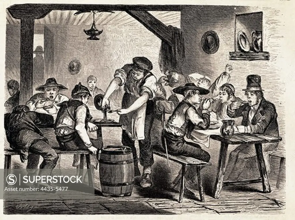 'Un bodegn de Madrid a las doce del d’a. ÁA doce cuartos el cubierto!' (A tavern in Madrid at noon. Twelve cuartos (coins) cover charge). Illustration published in 'El Museo Universal', 1861. Engraving. SPAIN. MADRID (AUTONOMOUS COMMUNITY). Madrid. National Library.