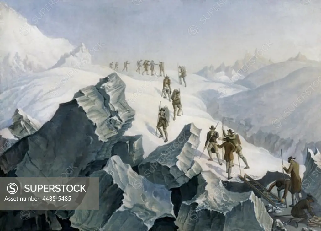 Saussure descending from the peak of Montblanc (August 1785). Litography.