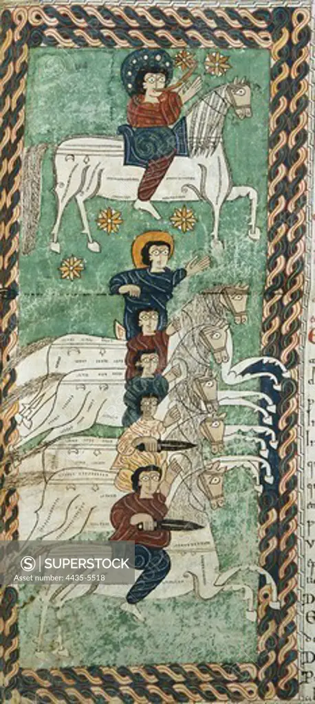 Escorial Beatus. 950 - 955. Cod & II. 5. Folio 144r. Faithful and True Rider with sword coming out of his mouth and the White Army of God (Rev. XIX, 11-16). Codex with the Commentary on the Apocalypse of St. John (776-786) of Beatus of Li_bana. Preromanesque art. Miniature Painting. SPAIN. MADRID (AUTONOMOUS COMMUNITY). San Lorenzo de El Escorial. Royal Library of the Monastery of El Escorial. Proc: SPAIN. LA RIOJA. San Millàn de la Cogolla.