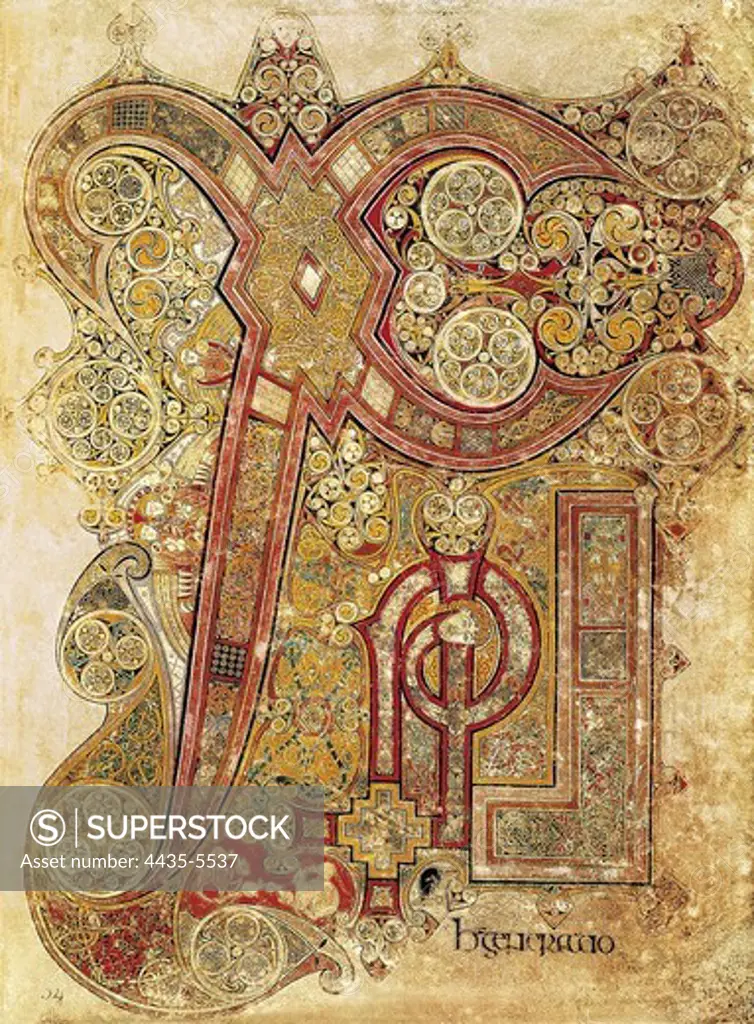 Book of Kells. 8th-9th c. Chapter letter from the gospel. Anglo-Irish art. Miniature Painting. IRELAND. LEINSTER. Dublin. Trinity College Library. Proc: IRELAND. LEINSTER. Kells.