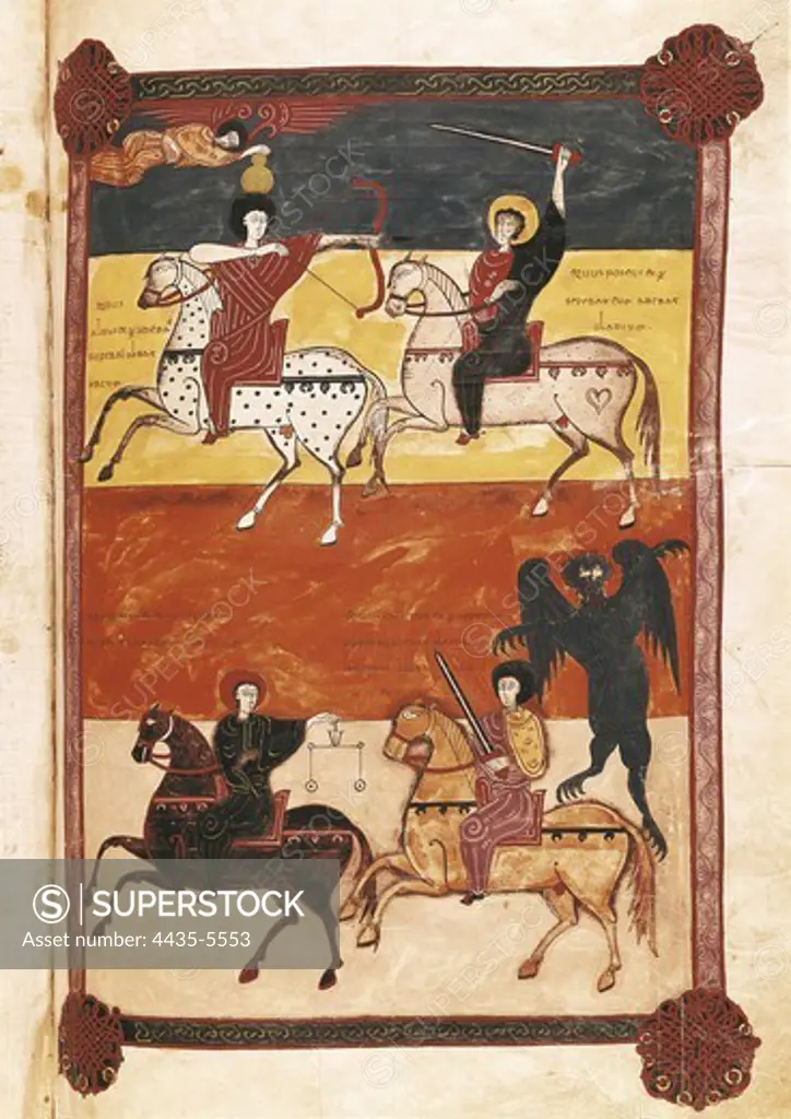 Beatus of Ferdinand I and doÐa Sancha. 1047. Ms. Vit. 14-2. Folio 135. Representation of the Four Horsemen of the Apocalypse (Revelation VI, 1-8). Codex manuscript with the Commentary on the Apocalypse of St. John (776-786) of Beatus of Li_bana. Work of the Copist Facundus for the kings of Castile a. Visigothic art. Miniature Painting. SPAIN. MADRID (AUTONOMOUS COMMUNITY). Madrid. National Library. Proc: SPAIN. CASTILE AND LEON. LeÑn. Royal Collegiate Church of San Isidoro.
