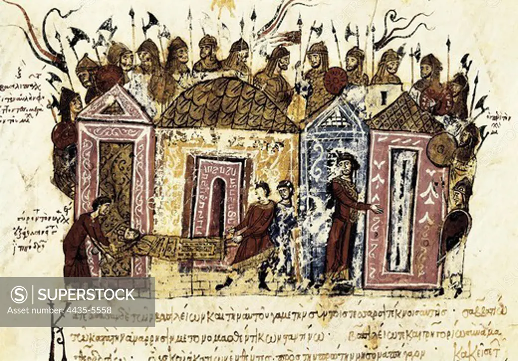 SKYLITZER, John (9th century). Madrid Skylitzes 'Synopsis historiarum'. Synopsis of Histories about the reigns of the Byzantine emperors. 12th c. The Varangian Guard. Personal bodyguards of the Byzantine emperors since Basil II. It was formed by Scandinavians. Manuscript produced in Sicily. Byzantine art. Miniature Painting. SPAIN. MADRID (AUTONOMOUS COMMUNITY). Madrid. National Library.