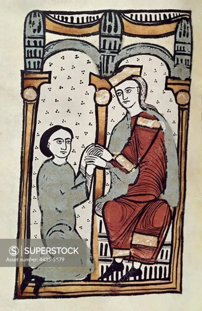 Liber Feudorum Maior. end 12th c. Royal cartulary carried out after Alfonso the Chaste's order. Depiction of a lord and his vassal. Romanesque art. Miniature Painting. SPAIN. CATALONIA. Barcelona. Royal Archive of the Crown of Aragon.