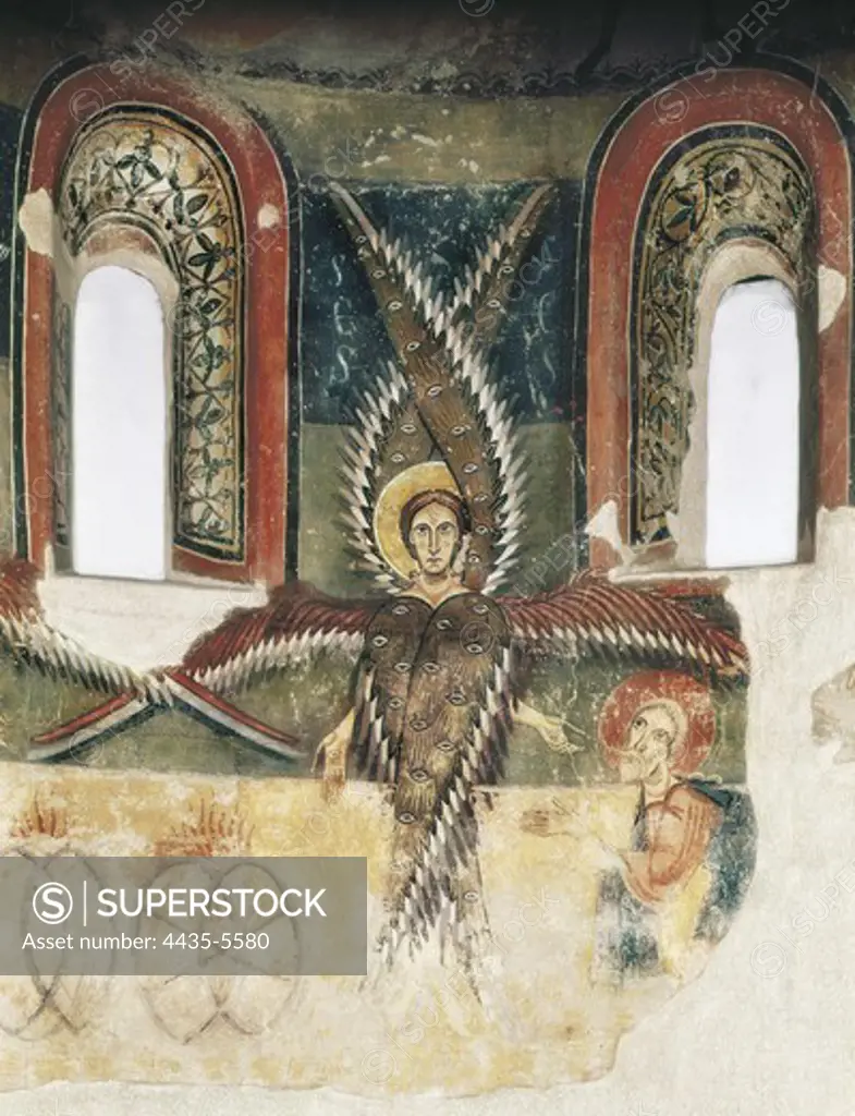 PEDRET, Master of (12th century). Apse from Santa Maria d'Aneu. end 11th c. On the semicircular wall elements of the visions of Isaiah and Ezekiel are synthesized. Between the seraphim are the wheels of fire of Yaweh's chariot as described by Ezekiel. Romanesque art. Fresco. SPAIN. CATALONIA. Barcelona. National Art Museum of Catalonia. Proc: SPAIN. CATALONIA. LLEIDA. La Guingueta d'èneu. Church of Santa Maria d'èneu.