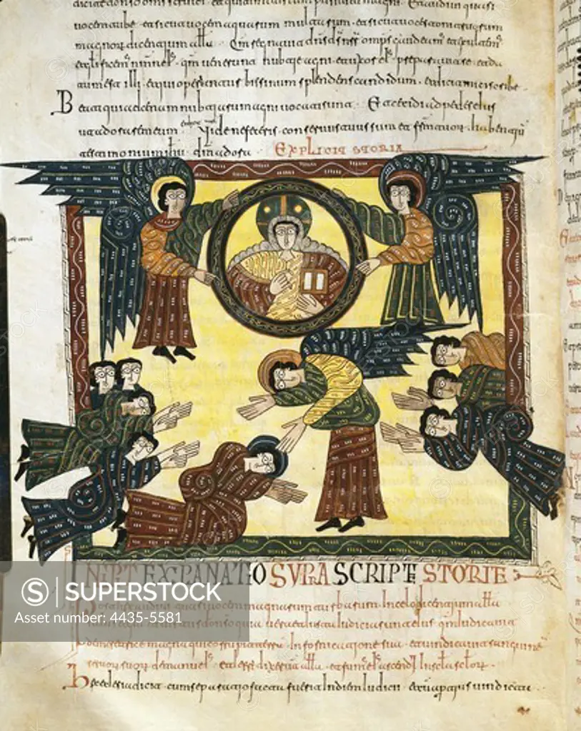 Escorial Beatus. 950 - 955. Cod & II. 5. Folio 142v. Final Theophany. The Angel rejects the worship of John and shows him the throne of God (Rev. XXII). Codex with the Commentary on the Apocalypse of St. John (776-786) of Beatus of Li_bana. Preromanesque art. Miniature Painting. SPAIN. MADRID (AUTONOMOUS COMMUNITY). San Lorenzo de El Escorial. Royal Library of the Monastery of El Escorial. Proc: SPAIN. LA RIOJA. San Millàn de la Cogolla.
