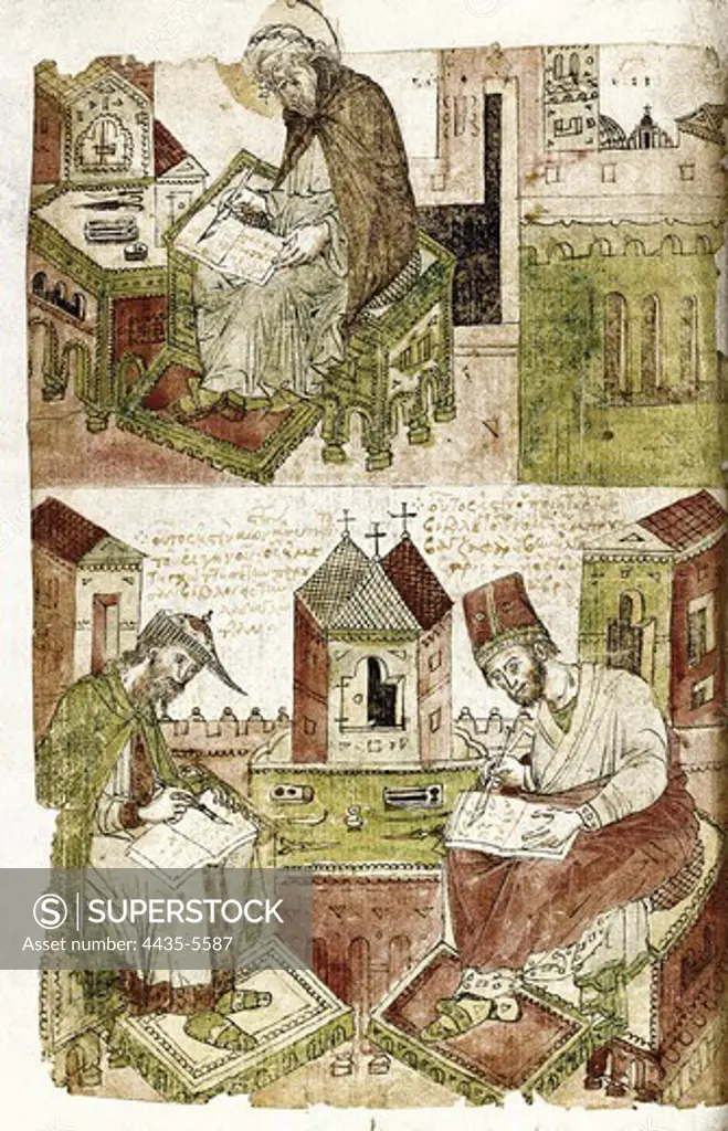 Treatise on medicine, 14th - 15th centuries. Representation of three doctors, between them Banzaphaz,  from different places of the world. Renaissance art. Miniature Painting. SPAIN. MADRID (AUTONOMOUS COMMUNITY). Madrid. National Library.