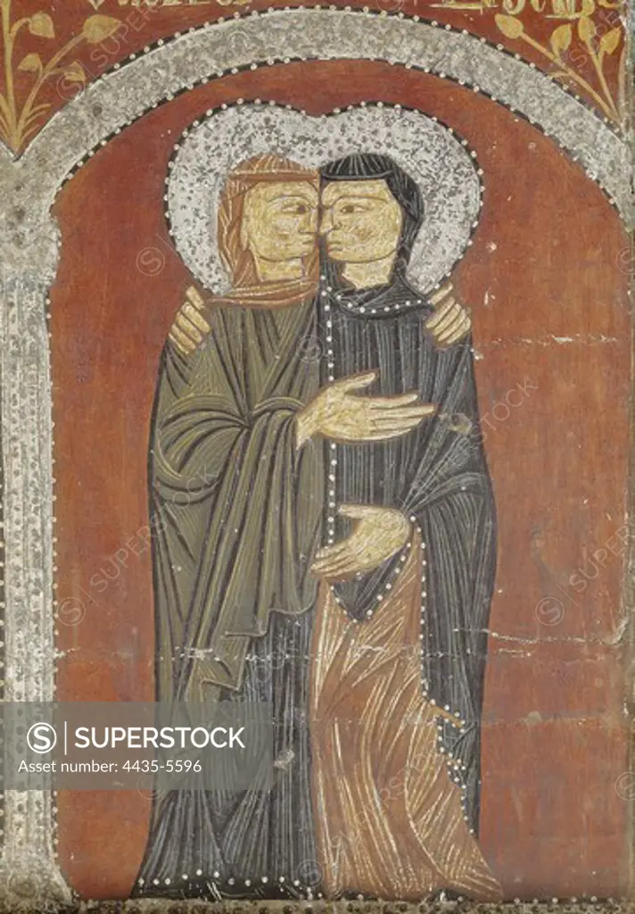 Altar Frontal from Mosoll. 13th c. Upper detail, the representation of the visitation. Tempera painting on wood with stucco decoration and colradura. Romanesque art. Tempera on wood. SPAIN. CATALONIA. Barcelona. National Art Museum of Catalonia. Proc: SPAIN. CATALONIA. GERONA. Mosoll. Church of St. Mary.