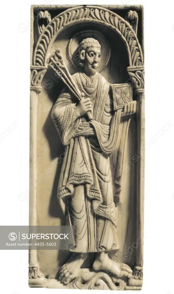 Small chest of the ivories of Saint John and Saint Pelayo. 1059. Deatil of Saint John the Baptist. Mozarabic art. Sculpture on ivory. SPAIN. CASTILE AND LEON. LeÑn. Museum of the Royal Collegiate Church of San Isidoro.