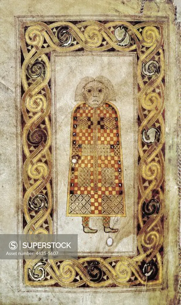 Book of Durrow. ca.  675. The Man, symbol of Saint Matthew. Anglo-Irish art. Miniature Painting. IRELAND. LEINSTER. Dublin. Trinity College Library.
