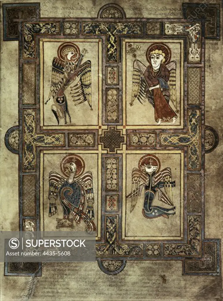 Book of Kells. 8th-9th c. Fol.27v. Introduction of Saint Mathew's Gospel with the symbol of the Four Evangelists. Celtic art. Miniature Painting. IRELAND. LEINSTER. Dublin. Trinity College Library. Proc: IRELAND. LEINSTER. Kells.