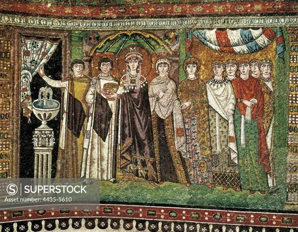 Empress Theodora with her court. ca.  547. ITALY. Ravenna. San Vitale. Early Byzantine art. Mosaic.